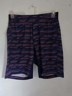 Lululemon T.H.E. Lined Shorts Mens Medium 9" Blue Stripe Athleisure Gym Workout